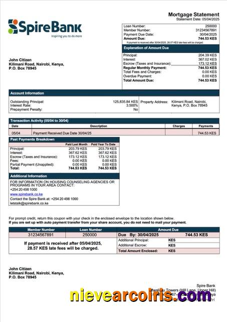 Kenya Spire Bank mortgage statement Word and PDF template